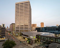 Securian 400 tower sunrise lit up at sunrise