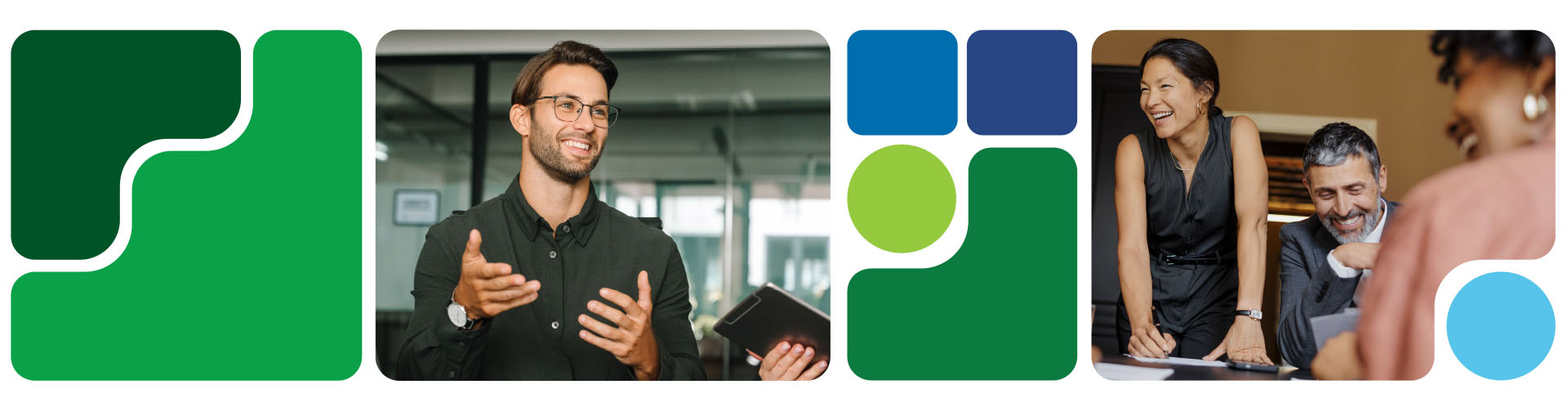 Solid color shapes around business people in meetings
